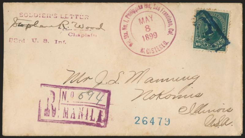 U.S. Used in the Philippines.> Three 1899 covers, single usages of Nos. 267, 273 and 281, 2c tied by large Mil Sta No. 1 Philippine Islands Manila Apr. 27, 1899 duplex datestamp, 5c by small Mil. Sta. No. 1
Manila Phil. Islds. duplex datestamp,