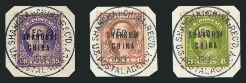 1c-50c Darrah Overprints.> Seven, incl. 1c-4c, 6c, 8c and 50c, each tied by well-struck U.S. Postal Agency Shanghai, China Recd. Dec. 9, 1913 cancels on separate pieces, fresh and Very Fine, scarce
group