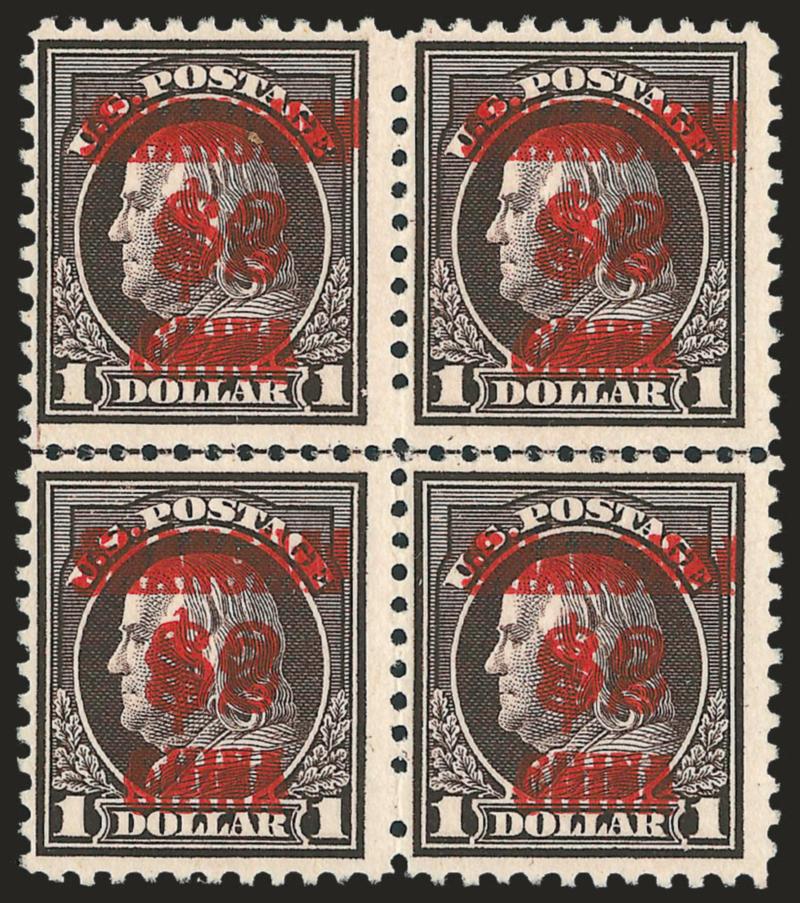 $2.00 on $1.00 Offices in China, Double Surcharge (K16a).> Block of four, top stamps Mint N.H., bottom stamps with blue crayon at bottom and light pencil notation on back, rich color, clear doubling of the
surcharge<><>^FINE. A RARE BLOCK OF FOUR O