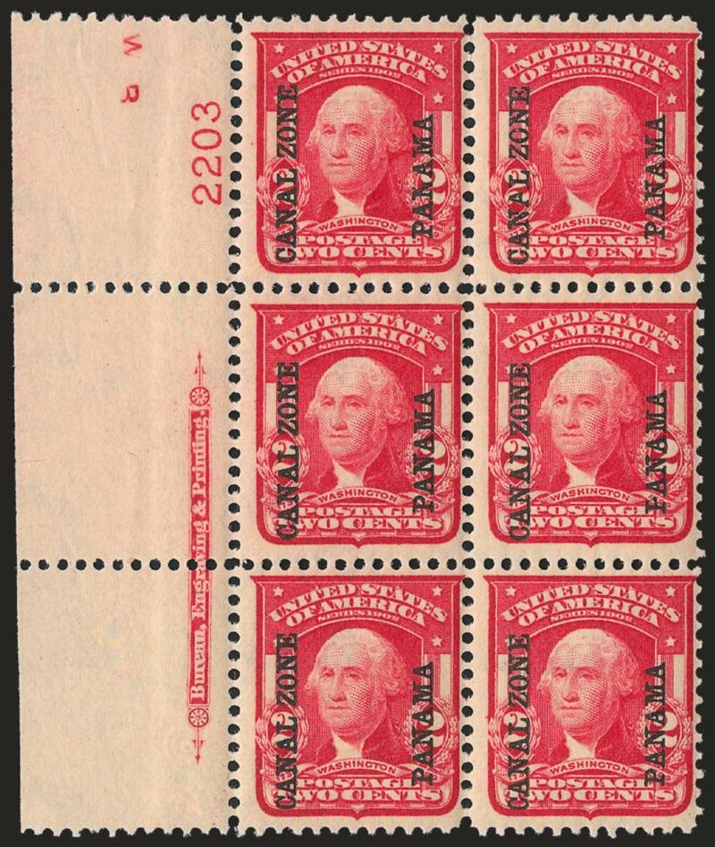 1904, 2c Carmine (5).> Wide left imprint and plate no. 2203 block of six, four stamps Mint N.H., Fine