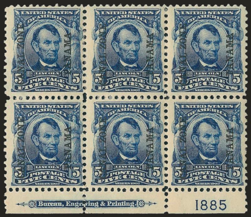 1904, 5c Blue (6).> Bottom imprint and plate no. 1885 block of six, tropical original gum, tiny hinge reinforcement, Fine-Very Fine