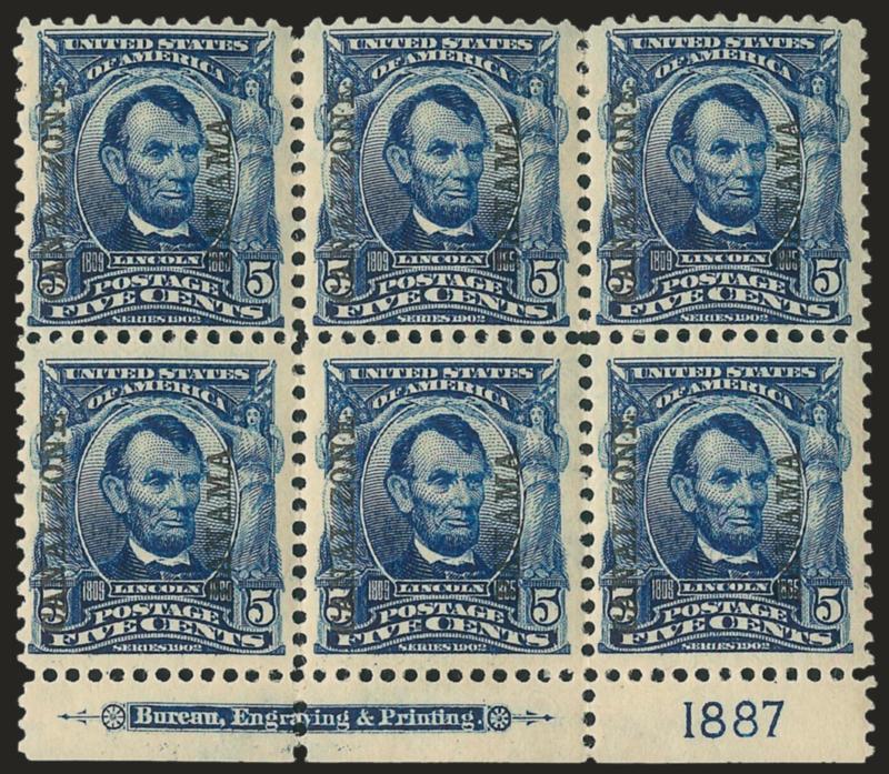 1904, 5c Blue (6).> Bottom imprint and plate no. 1887 block of six, slight tropical original gum, Fine-Very Fine