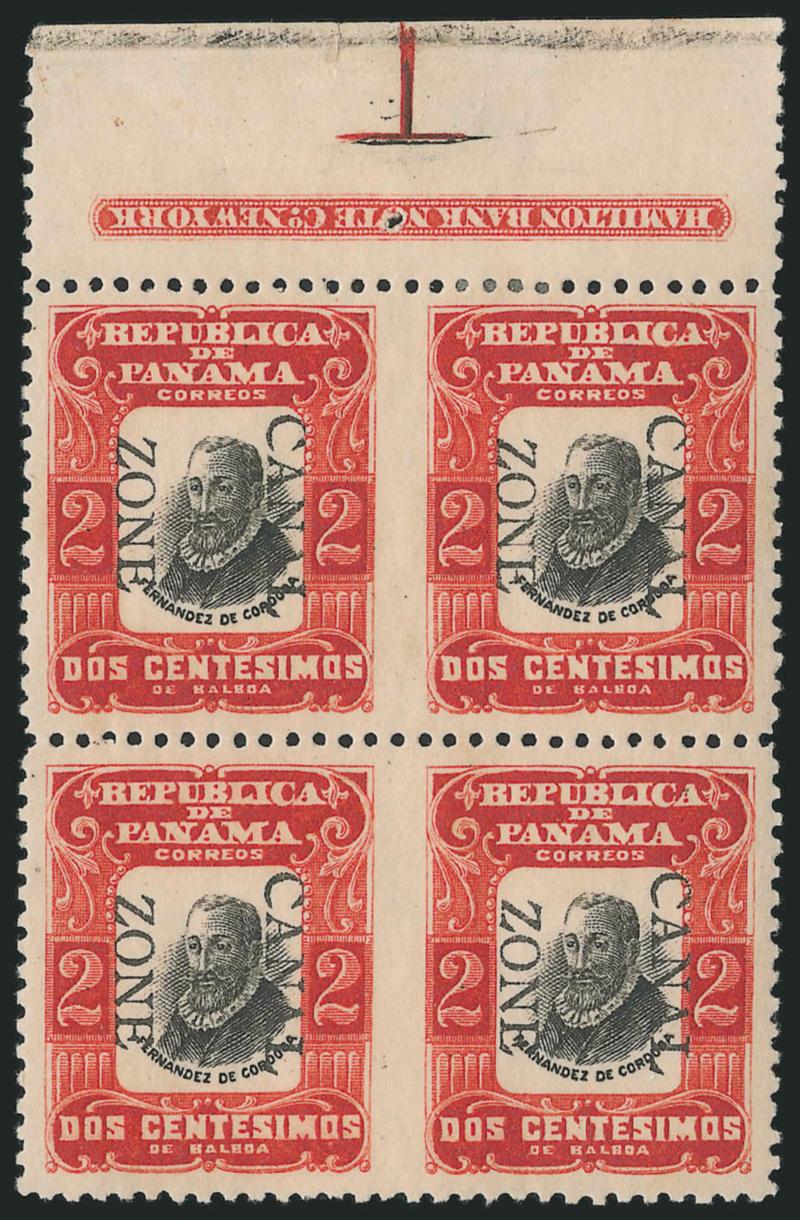 1906, 2c Red & Black, Ovpt. Reading Down,, Horizontal Pair, Imperforate Between (23a).> Block of four containing two errors, with <imprint selvage at top,> h.r., bottom left stamp thin spot, small hole in
selvage<><>^VERY FINE APPEARANCE. ONE OF TW