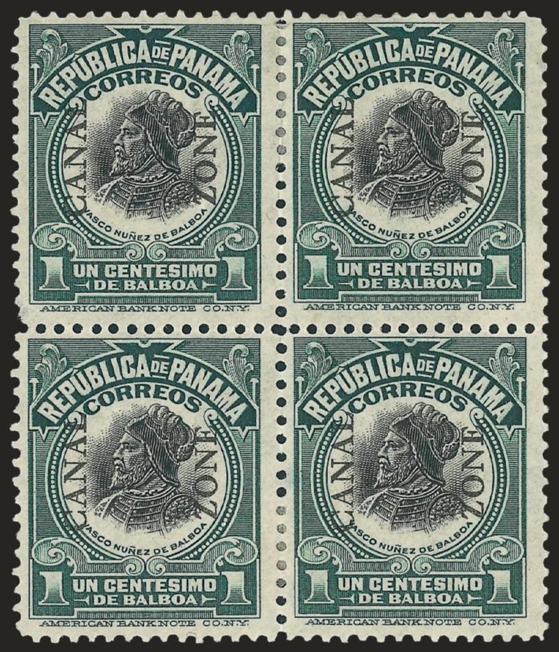 1915, 1c Green & Black (46).> Block of four, fresh, bottom right stamp small thin spot, bottom left perhaps a tiny faint thin also, otherwise Fine-Very Fine