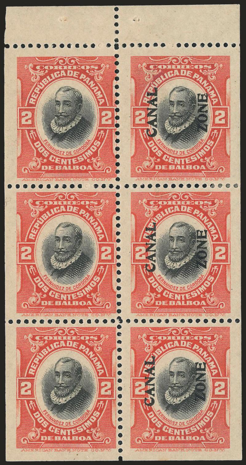 1918, 2c Vermilion & Black, Booklet Pane of Six, Left Vertical Row Without Ovpt. (53d).> Brilliant colors, wide margins at sides, slightly tropicalized original gum, tiny adherence at bottom right<><>^FINE. THIS
IS THE ONLY RECORDED INTACT BOOKLET