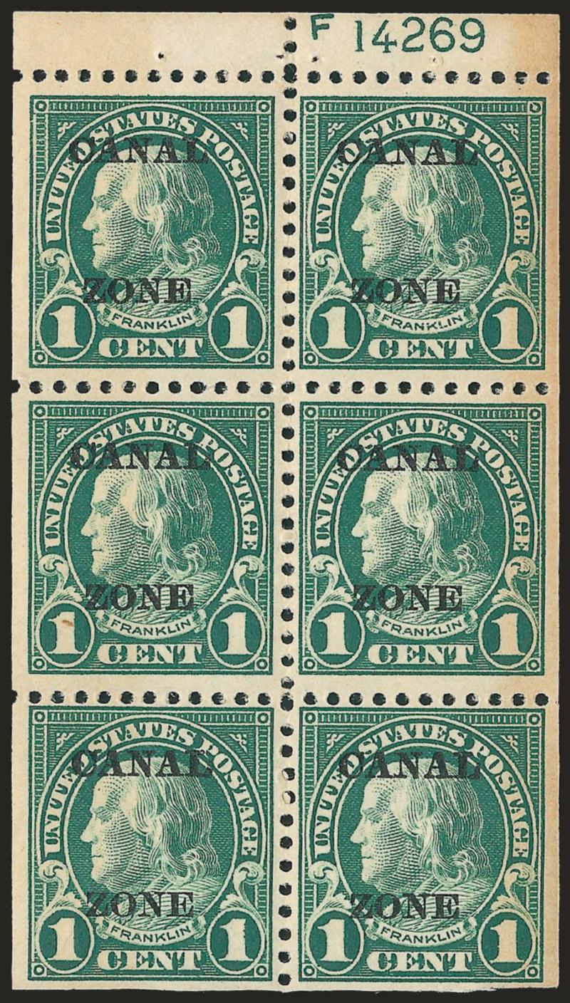 1924, 1c Deep Green, Ty. A Ovpt., Booklet Pane of Six (71e).> Five panes, <each with plate no.,> incl. nos. 14269, 14270, 14271 and 14272 (2), few small flaws incl. some toning, otherwise Fine-Very Fine,
<catalogued in Durland at $500.00 apiece,> S