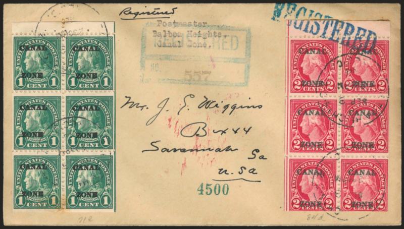 1924, 1c Deep Green, Ty. A Ovpt, 2c Carmine, Ty. B Ovpts., Booklet Panes of Six (71e, 84d).> Vertical guide line pos. H and I respectively, tied by Balboa Heights C.Z. Sept. 4, 1926 circular datestamps on
registered cover to Savannah Ga., 2c ad