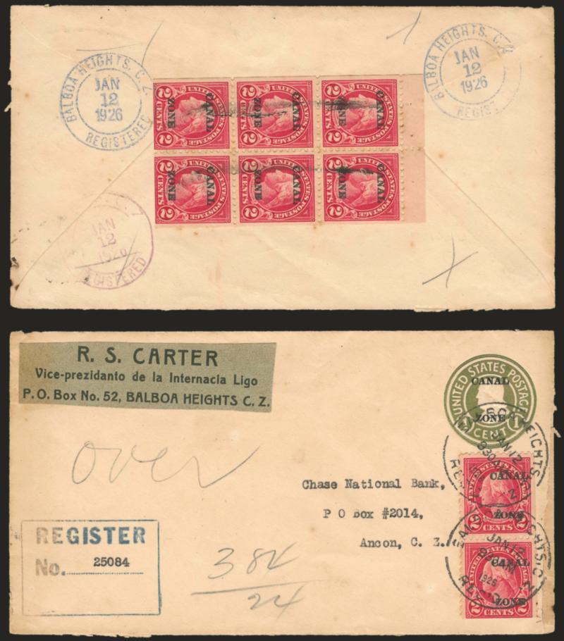 1924, 2c Carmine, Ty. A Ovpt., Booklet Pane of Six (73a).> Affixed on back of 1926 registered cover from the Vice-President of the Internacia Ligo to the Chase National Bank in Ancon, used with bottom right
vertical pair from another booklet pane