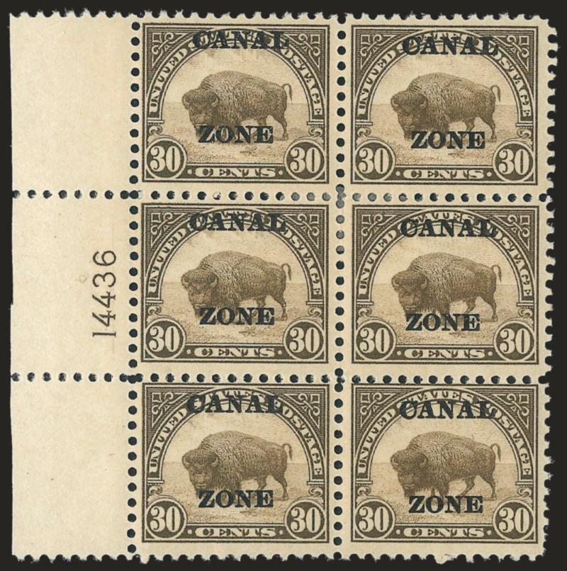 1924, 30c Olive Brown, Ty. A Ovpt. (79).> Left plate no. 14436 block of six, slight tropical original gum, selvage trifle reduced, Fine