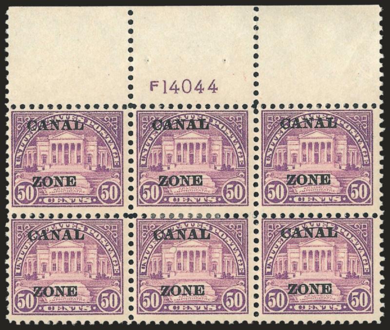 1924, 50c Lilac, Ty. A Ovpt. (80).> Wide top plate no. F14044 block of six, central h.r., end pairs Mint N.H., Fine