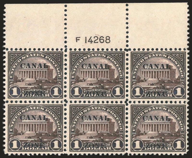 1924, $1.00 Violet Brown, Ty. A Ovpt. (81).> Mint N.H. top plate no. F14268 block of six, deep rich color and proof-like impression on bright paper<><>^VERY FINE AND CHOICE. A SCARCE MINT NEVER-HINGED PLATE
BLOCK OF THE $1.00 CANAL ZONE OVERPRINT
