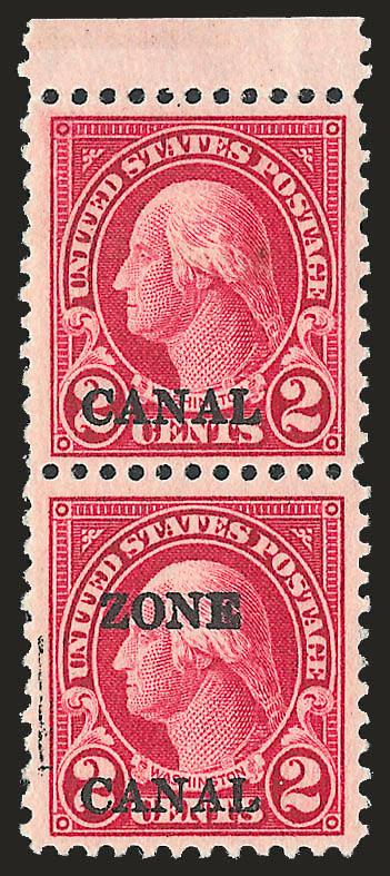 1925, 2c Carmine, Canal Only, Zone Canal Ovpts. (84a, 84b).> Top sheet margin vertical pair, top stamp Canal only, lightly hinged, bottom stamp with part of plate work-up at left, rich color, choice
centering<><>^EXTREMELY FINE. A RARE PAIR W