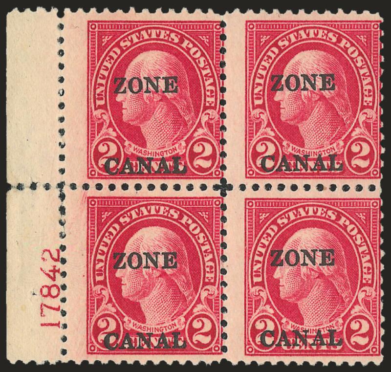 1925, 2c Carmine, Ty. B Ovpt., Zone Canal Error (84b).> Block of four with left plate no. 17842, centered right, perfs close to slightly in, nearly Fine, possibly unique block with plate no., only 180
issued