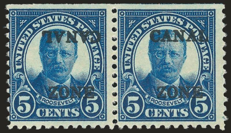 1925, 5c Dark Blue, Ty. B Ovpt., Canal Inverted Error (86b).> Mint N.H. horizontal pair, left stamp the error, natural s.e. at top as always, left perfs close to touch, very scarce, Scott Retail as
hinged