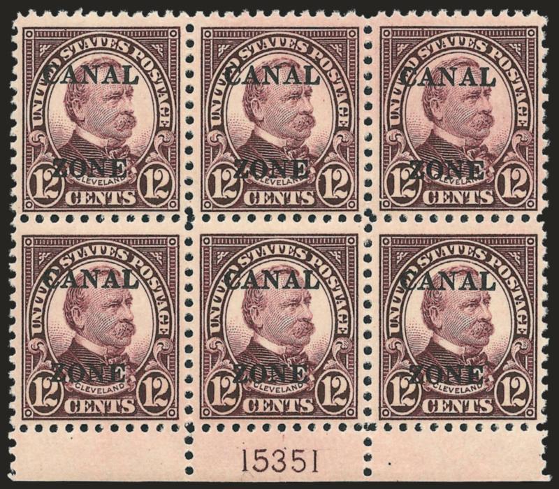 1925, 12c Violet Brown, Ty. B Ovpt. (88).> Mint N.H. bottom plate no. 15351 block of six, Fine-Very Fine, Scott Retail as hinged