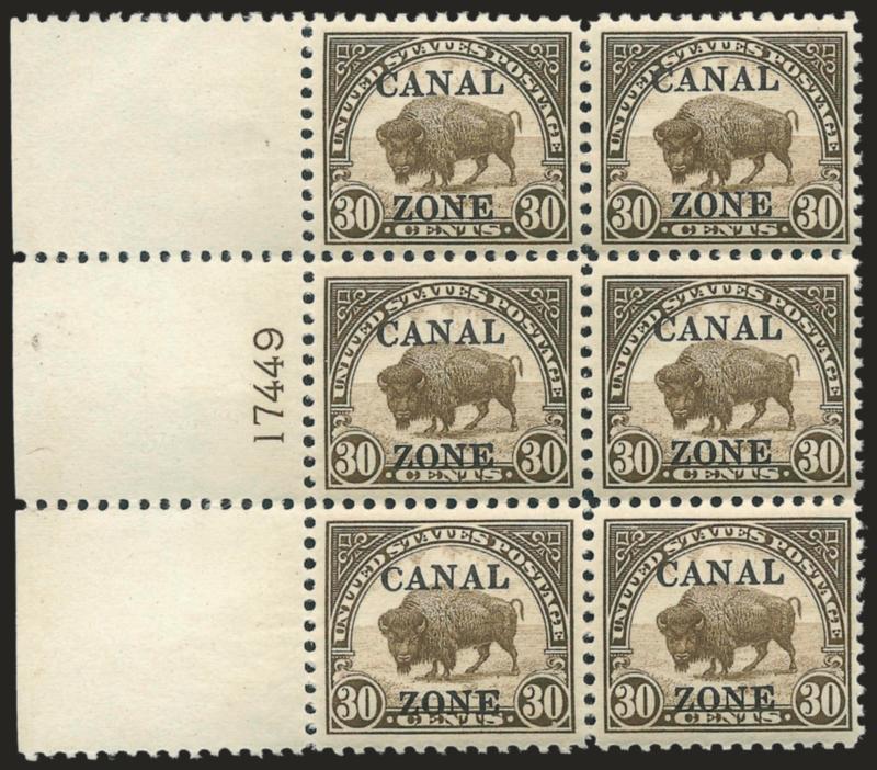 1925, 20c Carmine Rose, 30c Olive Brown, Ty. B Ovpts. (92-93).> Bottom plate no. 17426 and wide left plate no. 17449 blocks of six, wonderfully well-centered, Very Fine-Extremely Fine