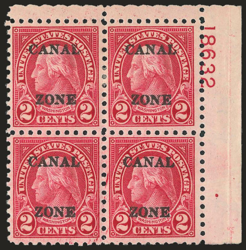 1925, 2c Carmine (97).> Top right plate no. 18632 block of four, rich color, natural selvage crease, incredibly well-centered, Extremely Fine