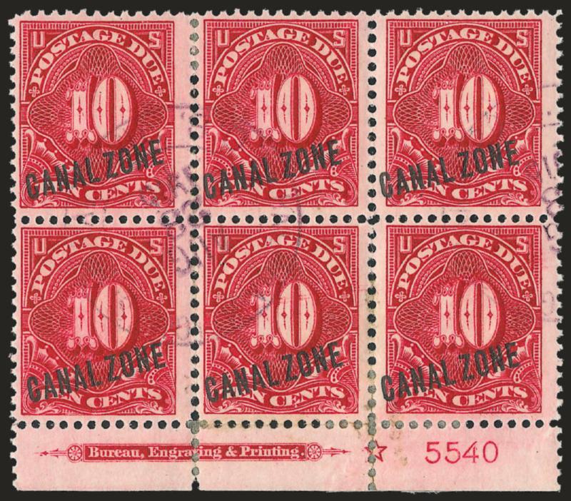 1914, 1c-10c Rose Carmine, Postage Due (J1-J3).> Used plate no. blocks of six, four 1c, one each other two, all different plate nos., variety of cancellations, some hinge reinforced separations<><>^FINE. A
SCARCE GROUP OF USED PLATE BLOCKS FOR THE