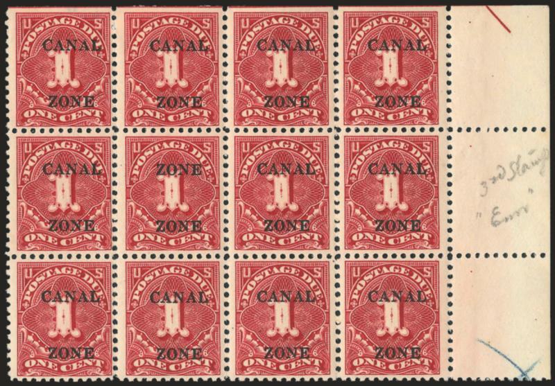 1925, 1c Carmine Rose, Postage Due, Zone Zone Ovpt. (J18a).> Top right corner block of twelve with part arrow natural s.e. at top (the error pos. 6), original gum (two s.e. stamps trivial interleaving
adherence), Very Fine, rare piece with <only 15