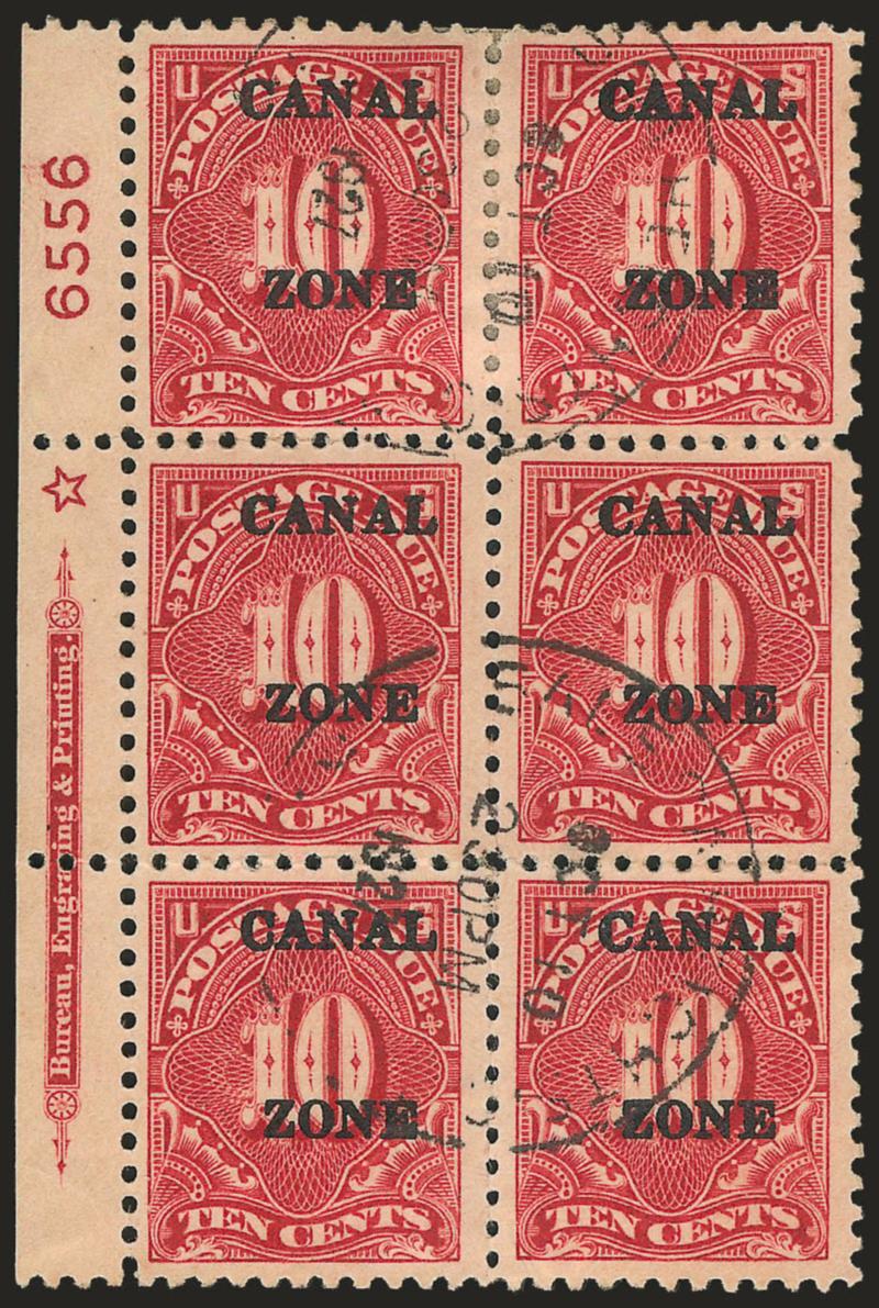 1925, 10c Carmine Rose, Wrong Letter Font (J20 var).> Left imprint, star and plate no. 6556 block of six, <bottom left stamp letters C, L and N completely different,> light Balboa Heights Oct. 10, 1927 circular
datestamps, some perf separation,