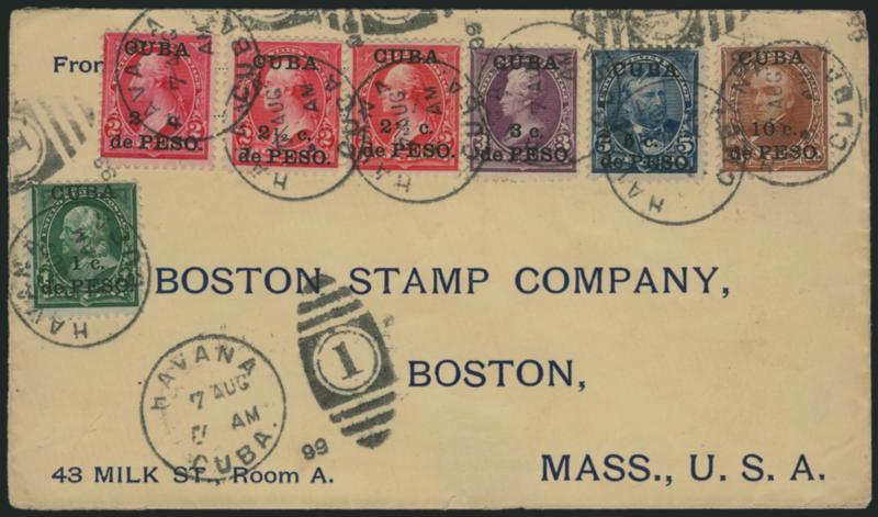 1899, 1c-10c Ovpts. (221-222, 223, 224-226).> Set on cover with all denominations plus extra No. 223, tied by Havana Cuba Aug. 7, 1899 duplex datestamp, attractive Boston Stamp Co. printed address, small piece
out of back of cover, Fine-Very Fine