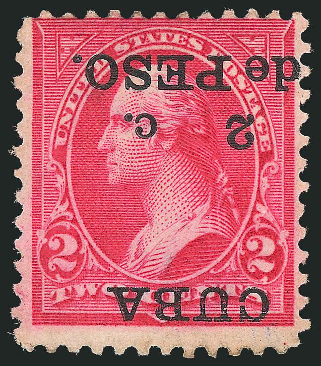 1899, 2c on 2c Reddish Carmine, Inverted Overprint (222Ac).> Unused (no gum), bright color, light staining, thin spot<><>^FINE APPEARANCE. A RARE UNUSED EXAMPLE OF THE CUBA 1899 2-CENT WITH INVERTED
OVERPRINT.^<><>One sheet was found in the town