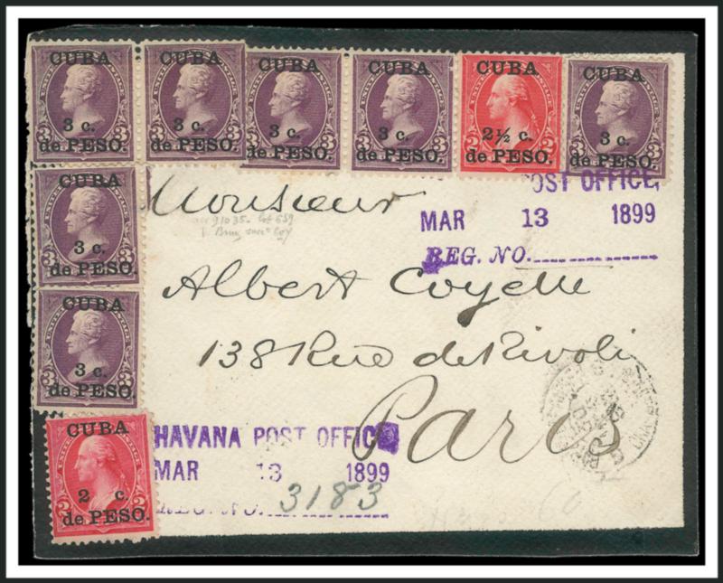 1899, 3c on 3c Purple, Period Between B and A of Cuba (224a).> Used with six ordinary 3c and single 2c and 2-12c on Registered Mourning cover front to Paris, only three stamps tied by purple Havana Post Office
Mar 13 1899 Reg. No. handstamps