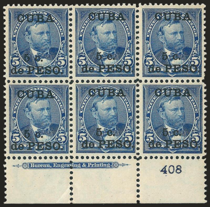 1899, 5c on 5c Blue (225).> Mint N.H. bottom imprint and plate no. 408 block of six, trivial separation and selvage crease well below imprint and plate no., otherwise Fine-Very Fine, Scott Retail as
hinged