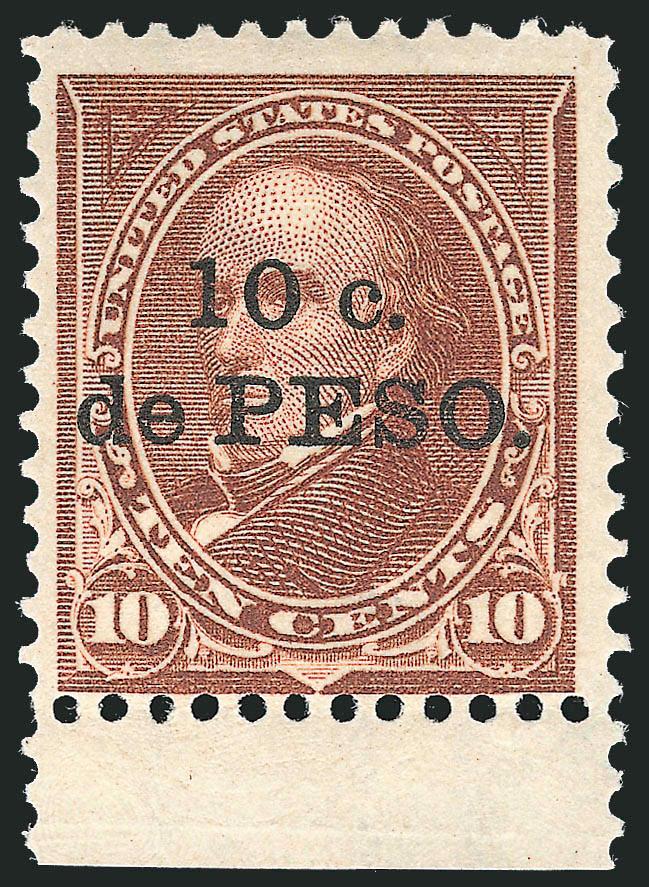 1899, 10c on 10c Brown, Ty. I, Cuba Omitted (226b).> With bottom selvage, original gum, lightly hinged, rich color<><>^FINE AND RARE EXAMPLE OF THE 1899 10-CENT WITH CUBA OMITTED ERROR.^<><>Ex Plass, El Morro
and Drucker. With 1974 P.F. certi