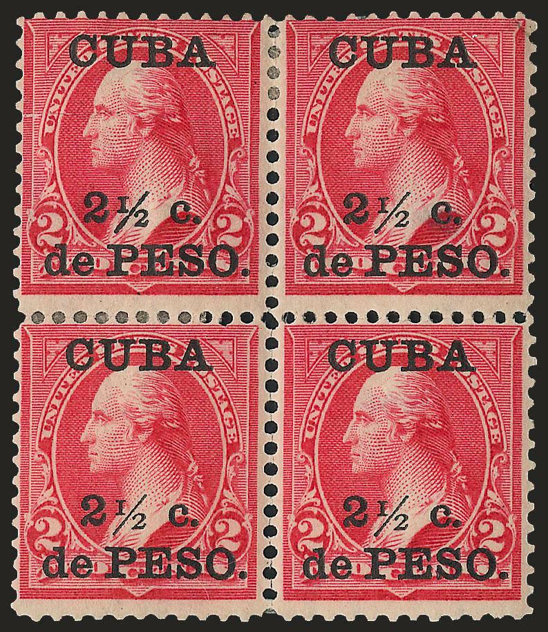 1900, 2-12c on 2c Reddish Carmine, Ty. IV, Special Printing (223A-SP).> Block of four, original gum, Special Surcharge backstamps, some reinforced separations and small tear at left, about Fine appearance,
Special Printing multiples are rare, espe