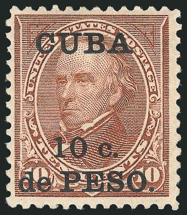 1900, 10c on 10c Brown, Ty. II (226A).> Barest trace of hinge, brilliant color, wide margins<><>^VERY FINE AND CHOICE. A BEAUTIFUL EXAMPLE OF THE CUBA 10-CENT ON 10-CENT TYPE II SPECIAL PRINTING.^<><>Signed in
pencil by Bartels, Bloch and others.