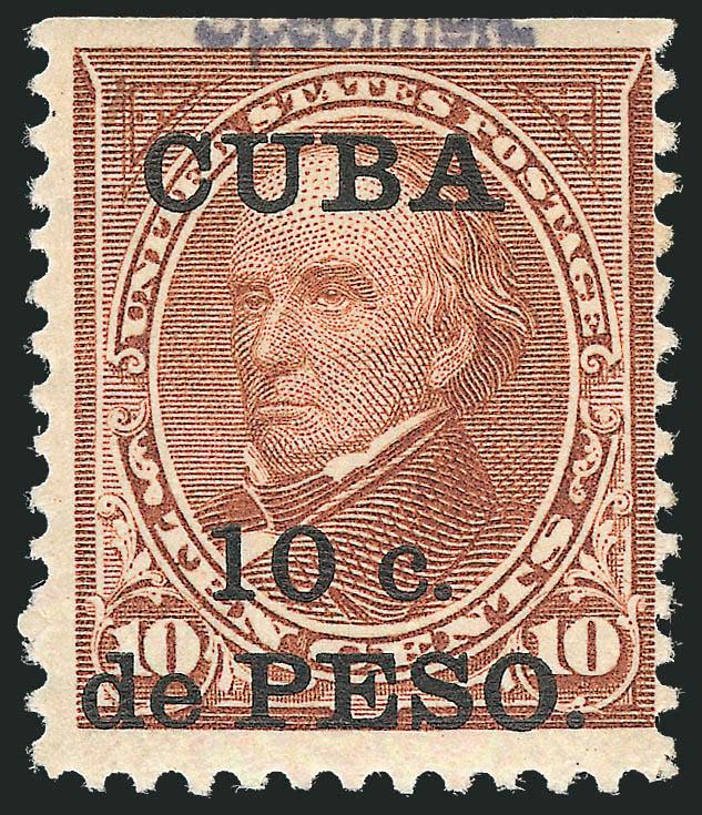 1900, 10c Brown, Ty. II, Specimen Ovpt. (226A-S).> Original gum, h.r., natural s.e. at top, clear Specimen at top struck partly off edge of stamp, bright shade<><>^FINE. A RARE EXAMPLE OF THE 10-CENT BROWN TYPE
II WITH SPECIMEN OVERPRINT. VER