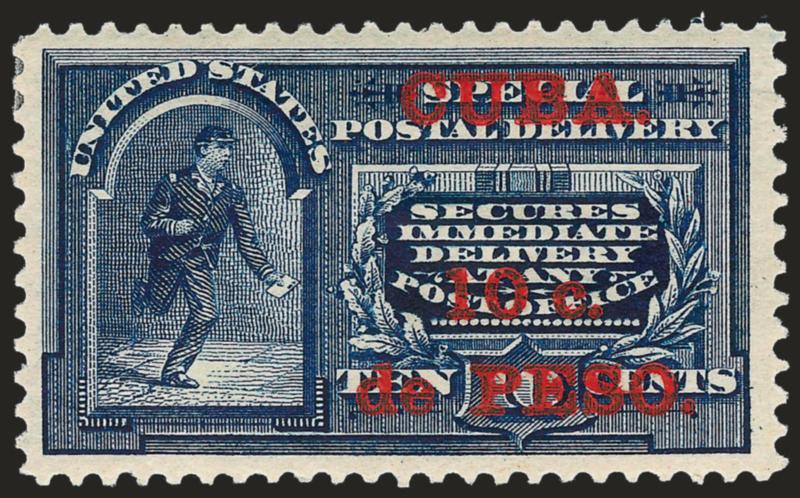 1900, 10c on 10c Blue, Special Delivery, Special Printing (E1SP).> Original gum, beautiful margins and centering, intense color, Very Fine and choice, red Special Surcharge backstamp and signed beneath J.M.
Bartels in pencil <<see also lot 910>>