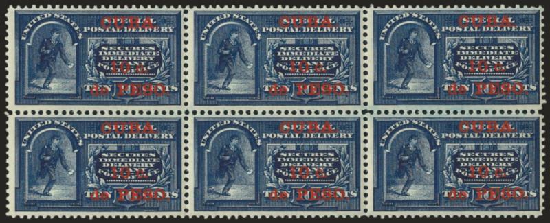 1899, 10c on 10c Blue, Special Delivery (E1).> Mint N.H. horizontal block of six, Fine-Very Fine, Scott Retail as hinged