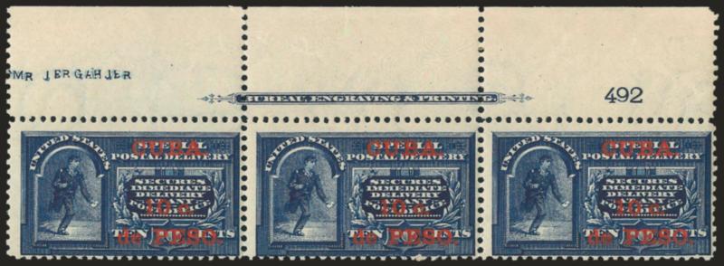 1899, 10c on 10c Blue, Special Delivery (E1).> Top imprint and plate no. 492 strip of three, original gum, minor selvage reinforcement, Fine
