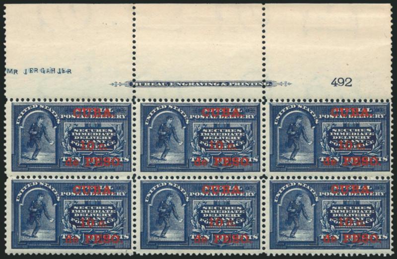 1899, 10c on 10c Blue, Special Delivery (E1).> Mint N.H. stop imprint and plate no. 492 block of six with wide selvage, beautiful color and detailed impression<><>^FINE. A SCARCE MINT NEVER-HINGED PLATE BLOCK OF
THE CUBA 10-CENT SPECIAL DELIVERY IS
