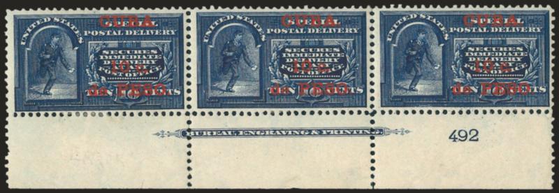1899, 10c on 10c Blue, Special Delivery, No Period After Cuba (E1a-E1-E1).> Bottom imprint and plate no. 492 strip of three, pos. 47-49 with pos. 47 the error, original gum, Very Fine, unlisted configuration,
Scott Retail as normal imprint and plat