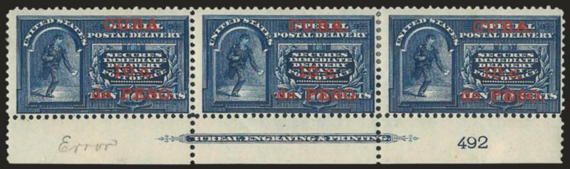 1899, 10c on 10c Blue, Special Delivery, No Period After Cuba (E1a-E1-E1).> Bottom imprint and plate no. 492 strip of three, Position 47-49 with Position 47 the error, original gum, Fine-Very Fine, unlisted
configuration, Scott Retail as normal imp