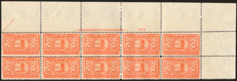 1899, 10c Orange, Special Delivery, Immediata Inscription (E2).> Mint N.H. wide top right imprint and plate no. 908 block of ten, fresh, bright color, Fine-Very Fine, Scott Retail as hinged plate block of six
and four singles