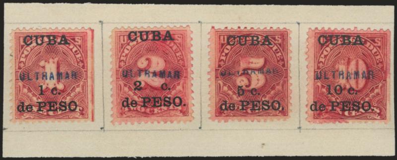 1899, 1c-10c Postage Due, Ultramar (Overseas) Specimen Ovpts. (J1S var-J4S var).> Affixed on piece of page from Portuguese Post Office record book, 1c and 10c natural s.e., color a bit washed out, otherwise
Fine-Very Fine, the Ultramar handstamps