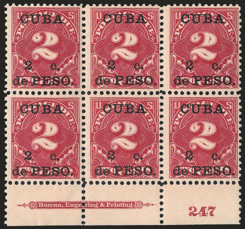1899, 2c on 2c Deep Claret, Postage Due (J2).> Bottom imprint and plate no. 247 block of six, original gum, five Mint N.H., pos. 5 small adherence, small selvage thin and separation, otherwise Fine-Very
Fine