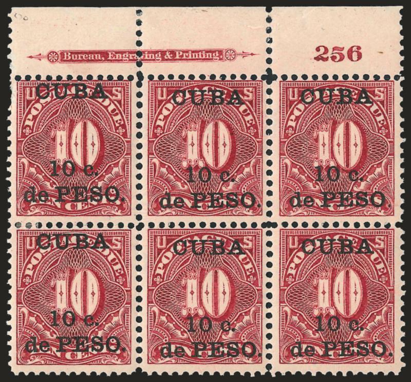 1899, 10c on 10c Deep Claret, Postage Due (J4).> Top imprint and plate no. 256 block of six, original gum, three Mint N.H., small margin fault at top left of top left stamp, otherwise Fine-Very Fine