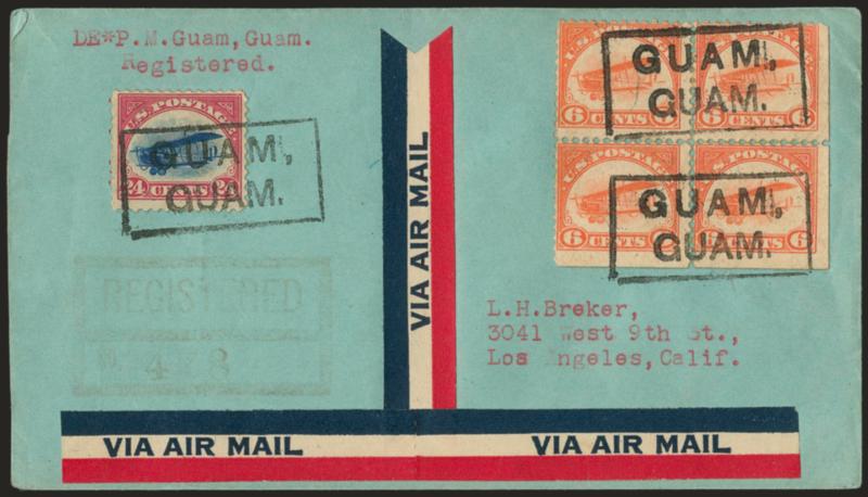 U.S. First Issue Air Post Used in Guam.> 1933 Registered cover to Los Angeles franked with No.C1 bottom right s.e. block of four and single No. C3, all tied by large boxed Guam, Guam handstamps, Guam, San
Francisco and Los Angeles registry backstam