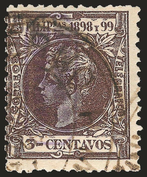 Mariana Islands.> Three items incl. used Spanish Dominion 1899 3c Dark Brown No. 2 (1979 P.F. certificate) and 3pf and 5pf Yachts Nos. 17-18 from German Marianas with blue straight line AGANA (on 3pf) and GUAM
(on 5pf) cancels, all of the Mariana
