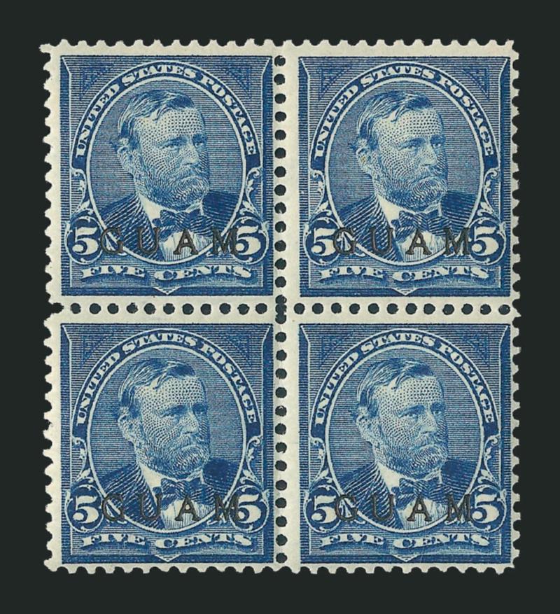 1899, 1c-10c Ovpts. (1, 2, 5, 8).> Blocks of four, original gum, 1c and 5c Mint N.H., also one 2c, also incl. 5c horizontal block of six with tropical original gum, Fine-Very Fine, 2c with 1977 P.F. certificate
and 5c block of four 1988 A.P.S. certif