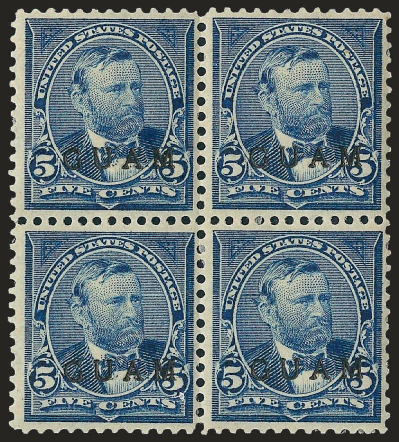 1899, 1c Deep Green, 2c Red, 5c Blue, First Printing (1, 2, 5).> Blocks of four, unused (no gum), original gum and tropical original gum, Fine-Very Fine, the vast majority of the First Printing stamps lost their
gum due to damage by sea water during