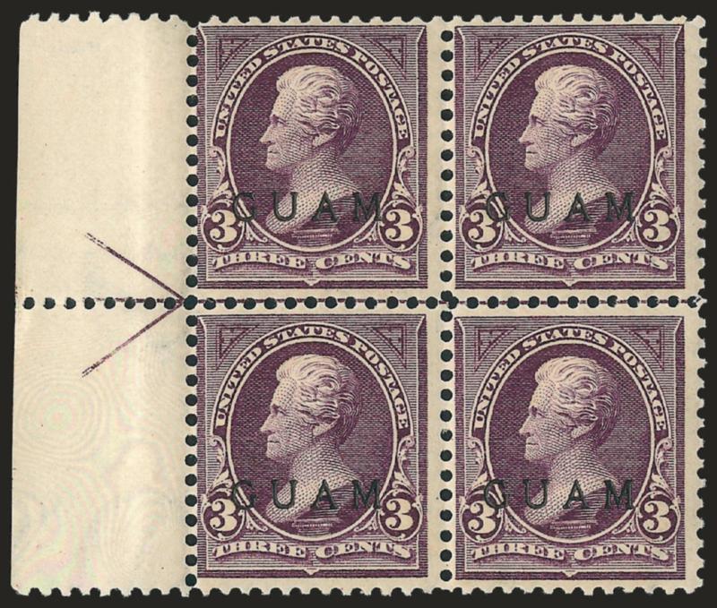 1899, 3c Purple (3).> Block of four with <left arrow selvage,> original gum, Fine, unlisted position multiple, Scott Retail as ordinary unused block of four