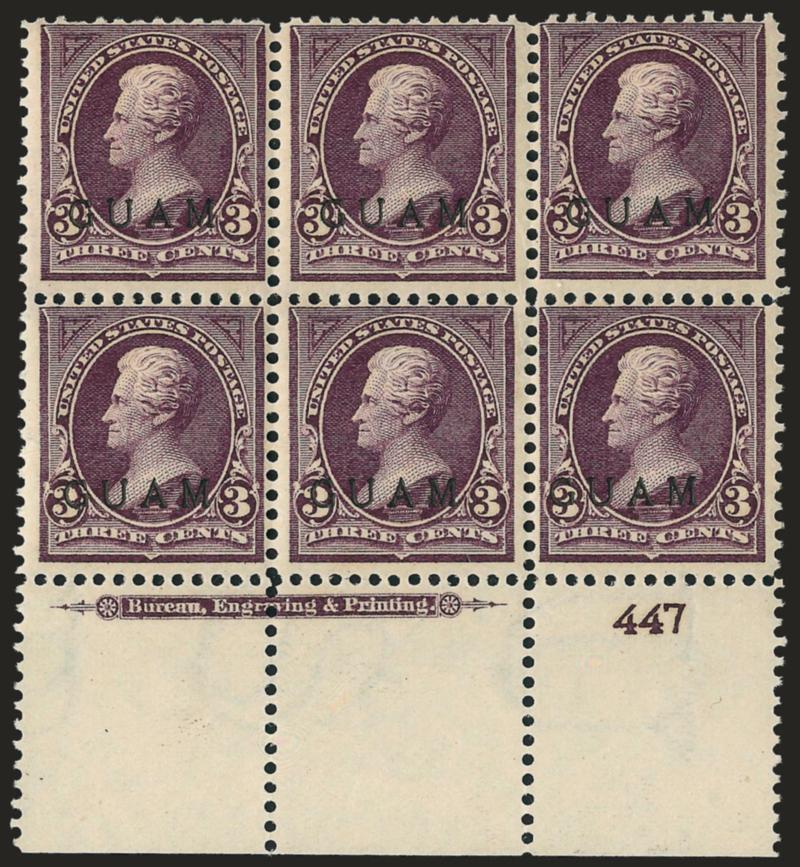 1899, 3c Purple (3).> Wide bottom imprint and plate no. 447 block of six, trivial nibbed perf at top, Fine-Very Fine plate block