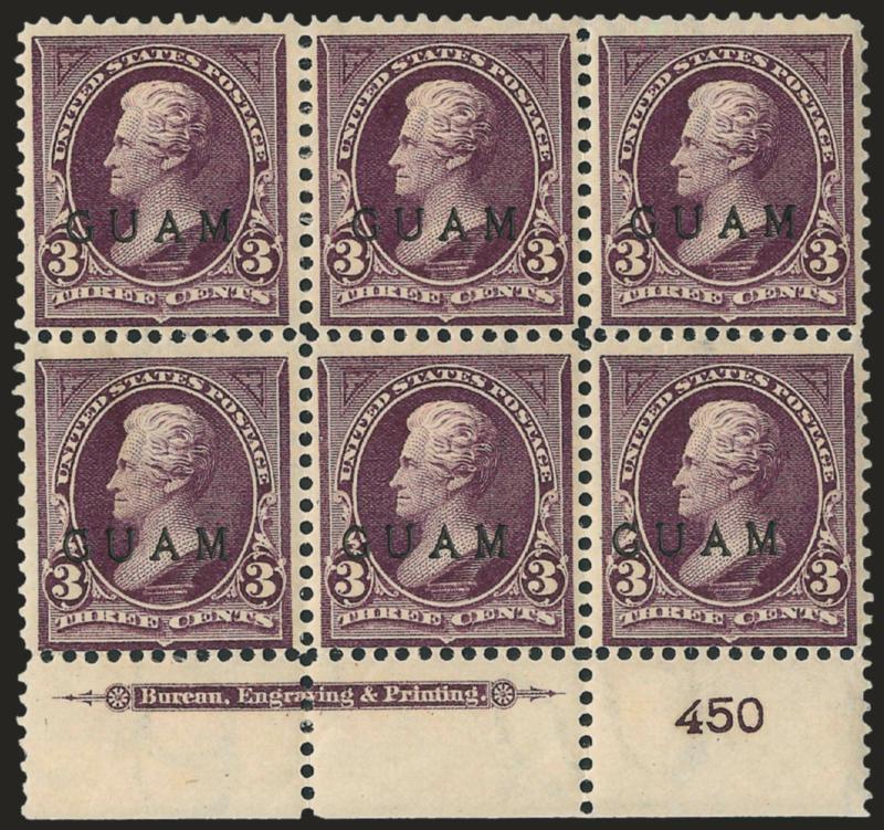 1899, 3c Purple (3).> Bottom imprint and plate no. 450 block of six, original gum, some h.r. and interleaving adherence, Fine