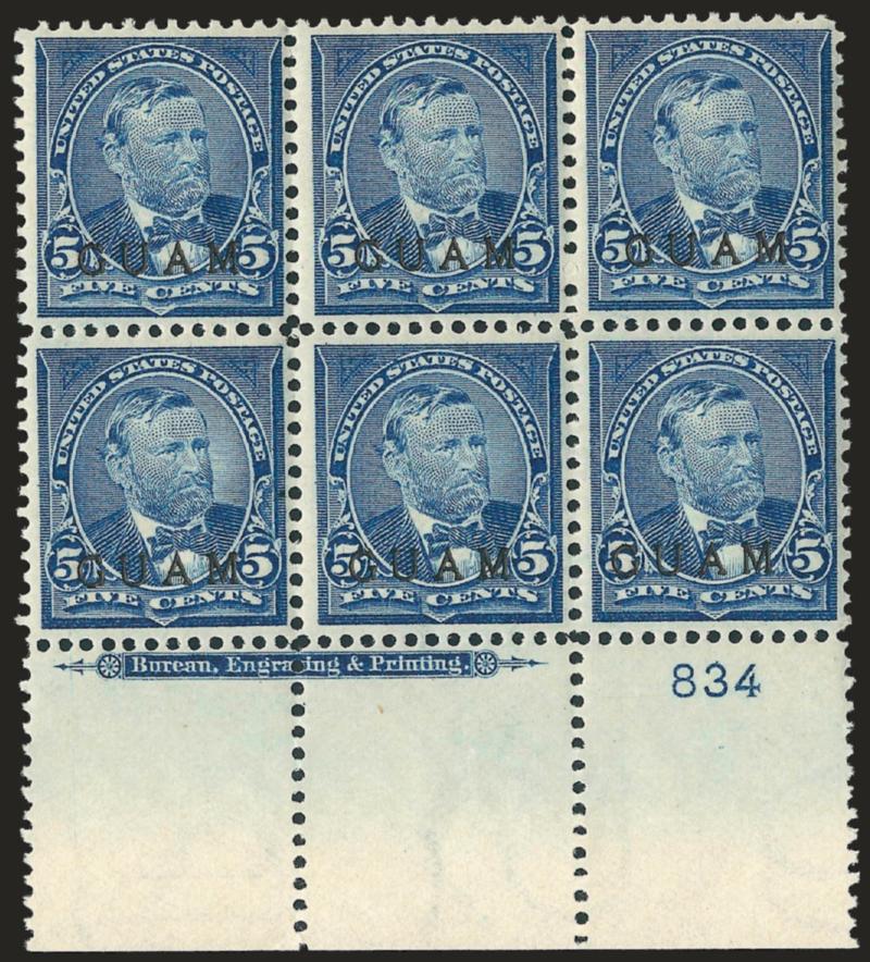 1899, 5c Blue (5).> Wide bottom imprint and plate no. 834 block of six, slight tropical original gum, Fine-Very Fine